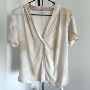 Pastel Watercolor Taupe Cream Chiffon Short Sleeve Blouse Top